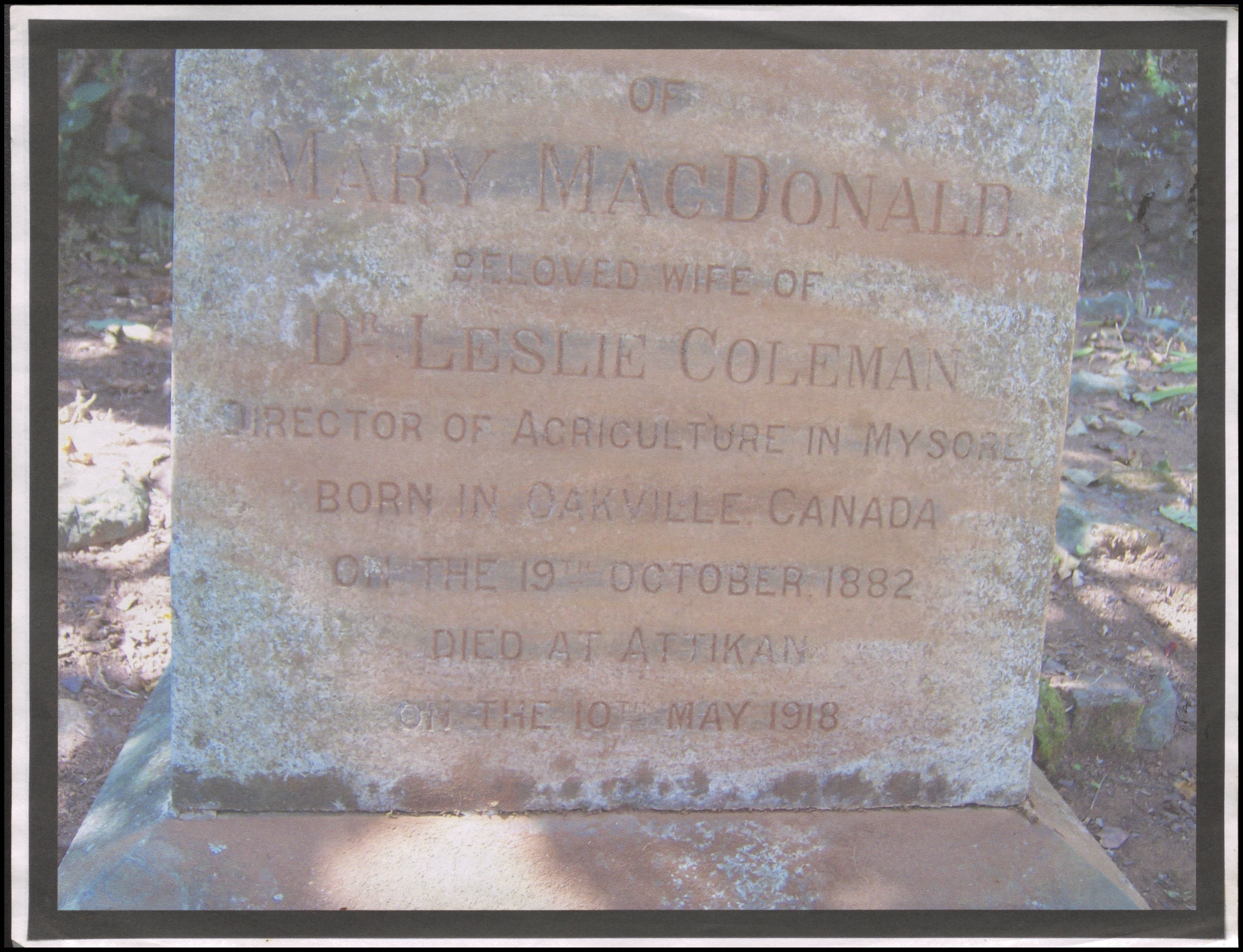 Print of digital photograph of tombstone of &quot;Mary MacDonald, beloved wife of Dr Leslie Coleman&quot;