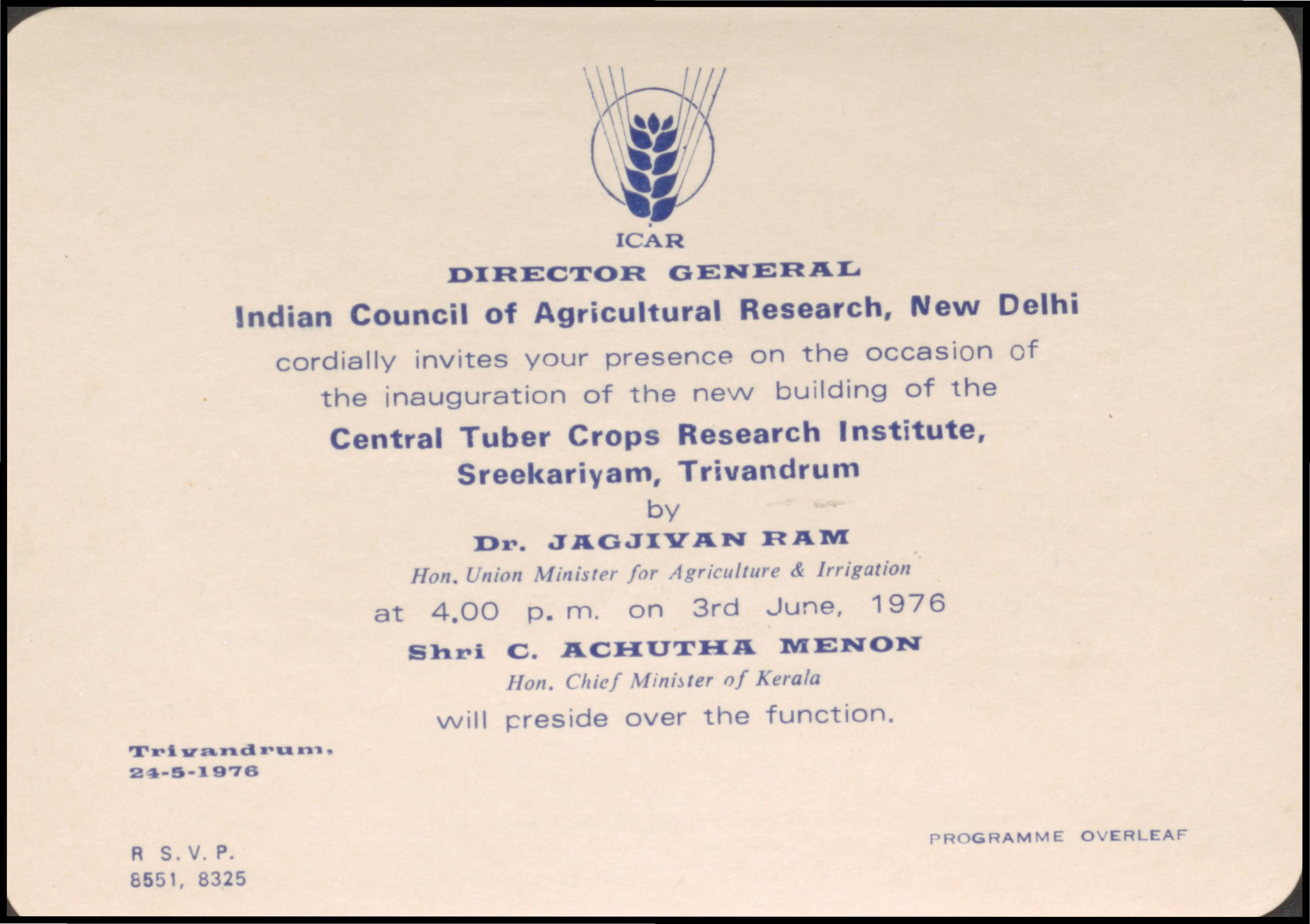 Inauguration of the new building of the Central Tuber Crops Research Institute by Jagjivan Ram