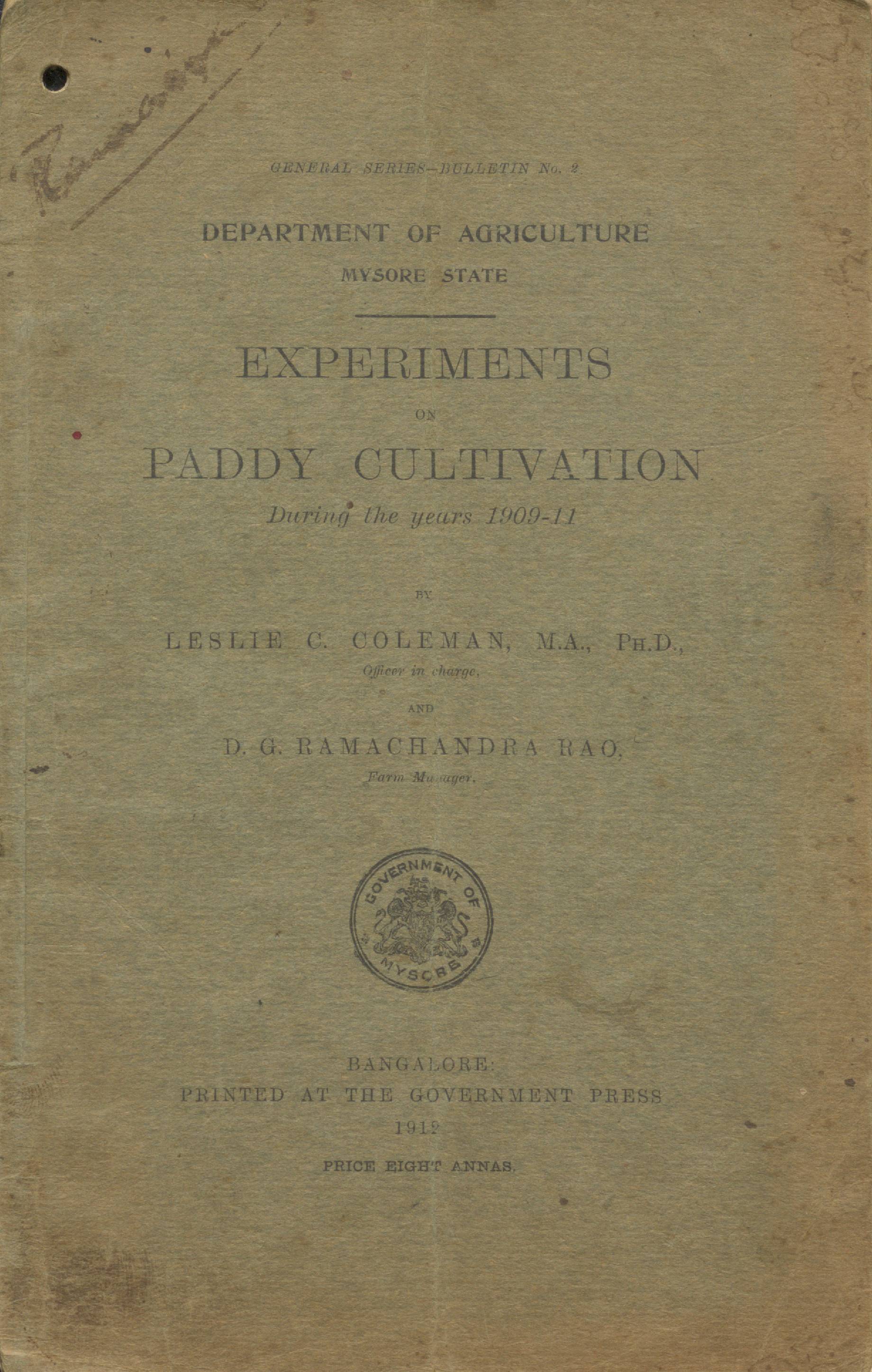  Experiments on Paddy Cultivation during the years 1909-11