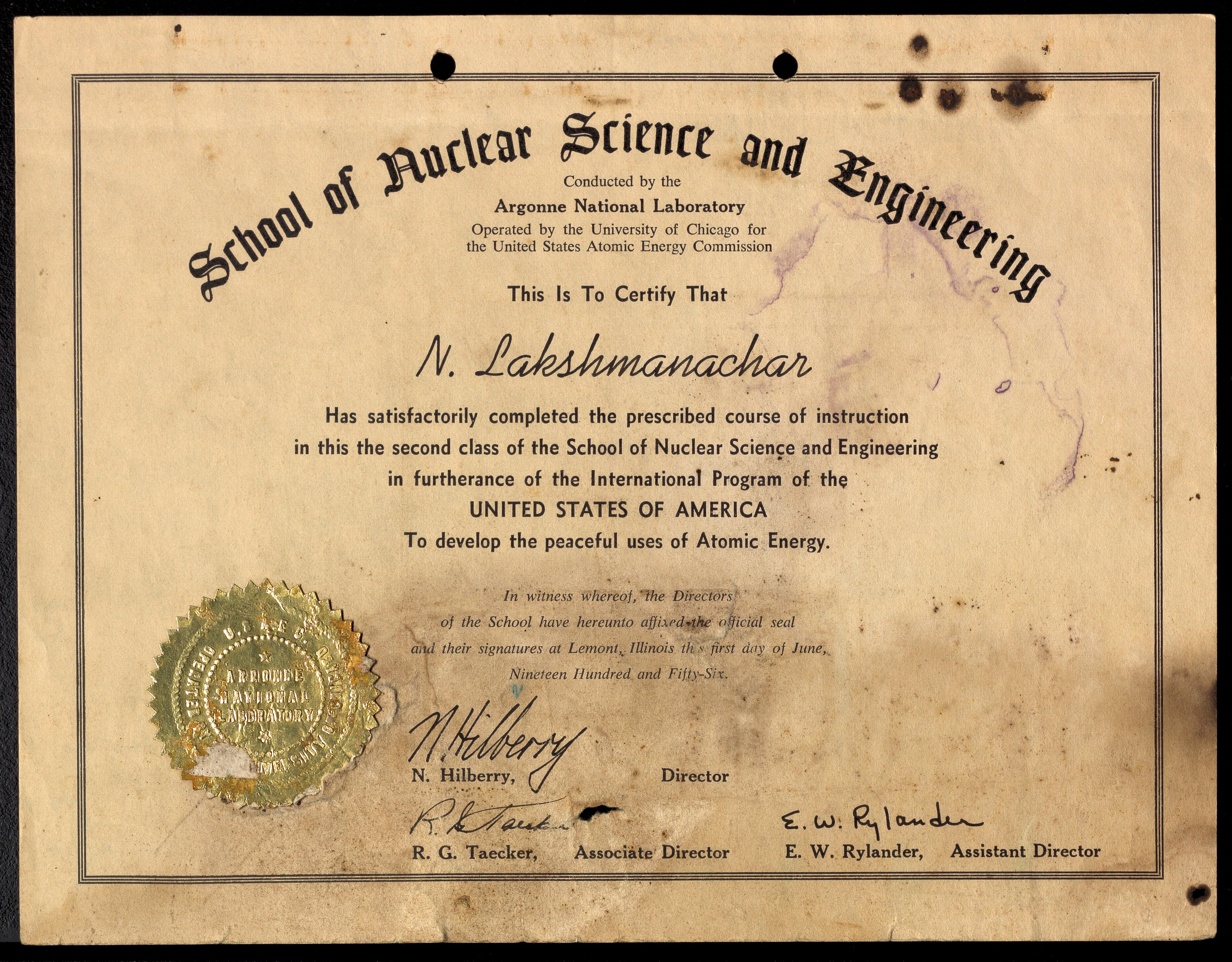 Certificate from Argonne National Laboratory